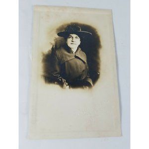 Small Art Vintage Real Photo Post Card Lady in Black Hat & Coat AZO 1910s?